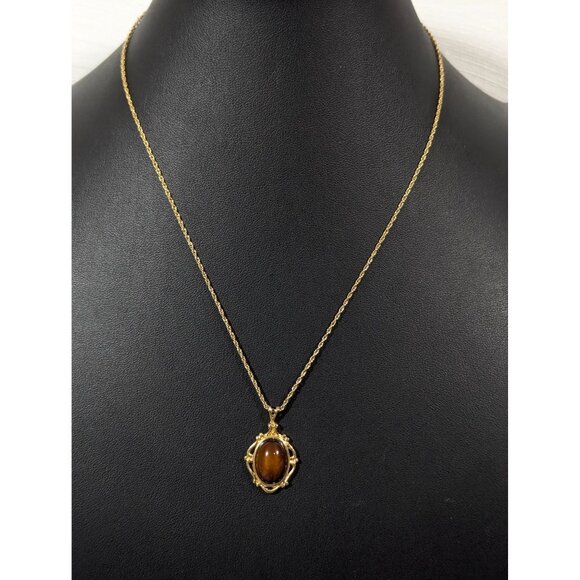 Vintage Avon Faux Tigers Eye Cabochon Pendant Necklace Gold Tone 18" - Picture 2 of 10